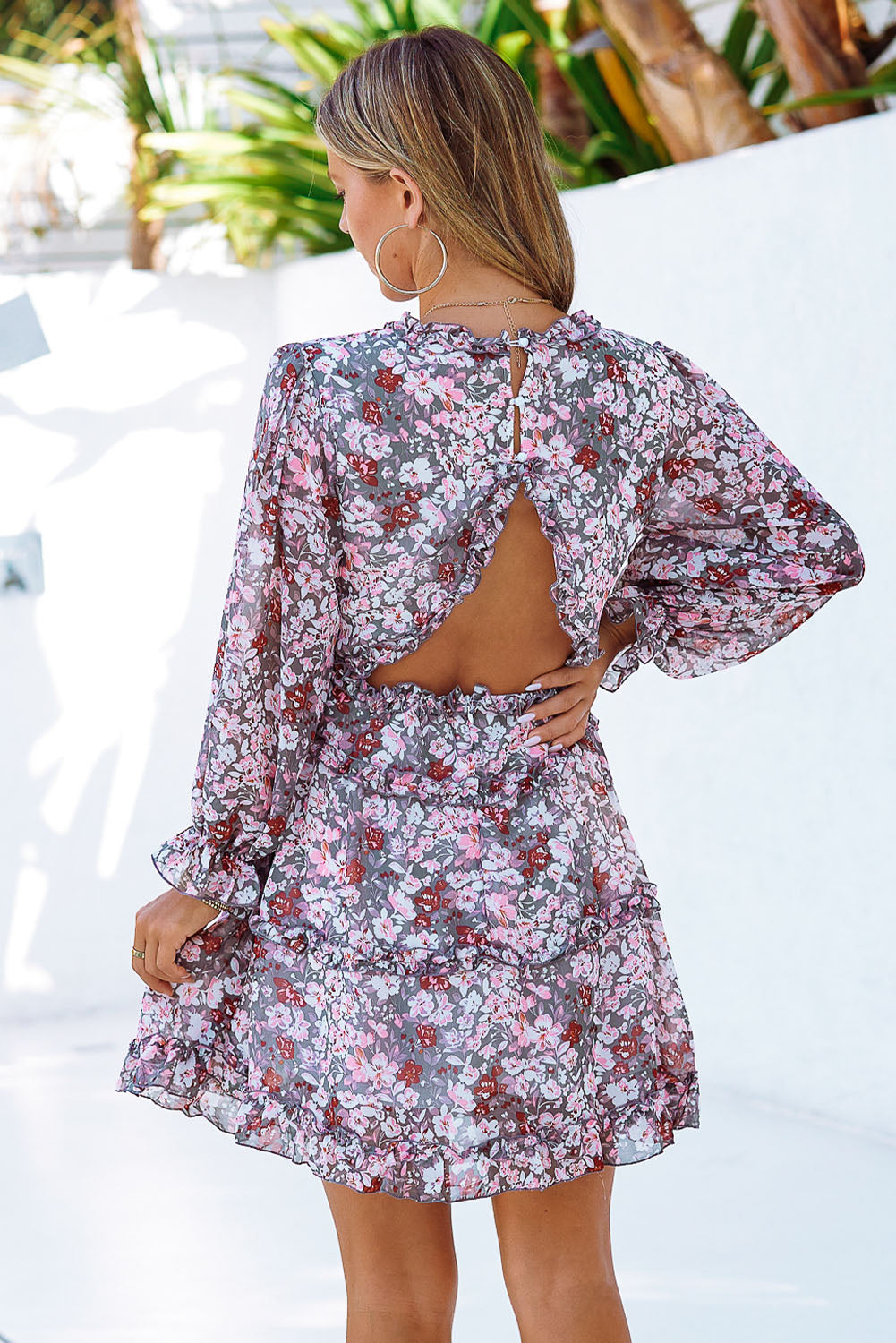 Floral Frill Trim Plunge Flounce Sleeve Dress Dresses- Doll Fits