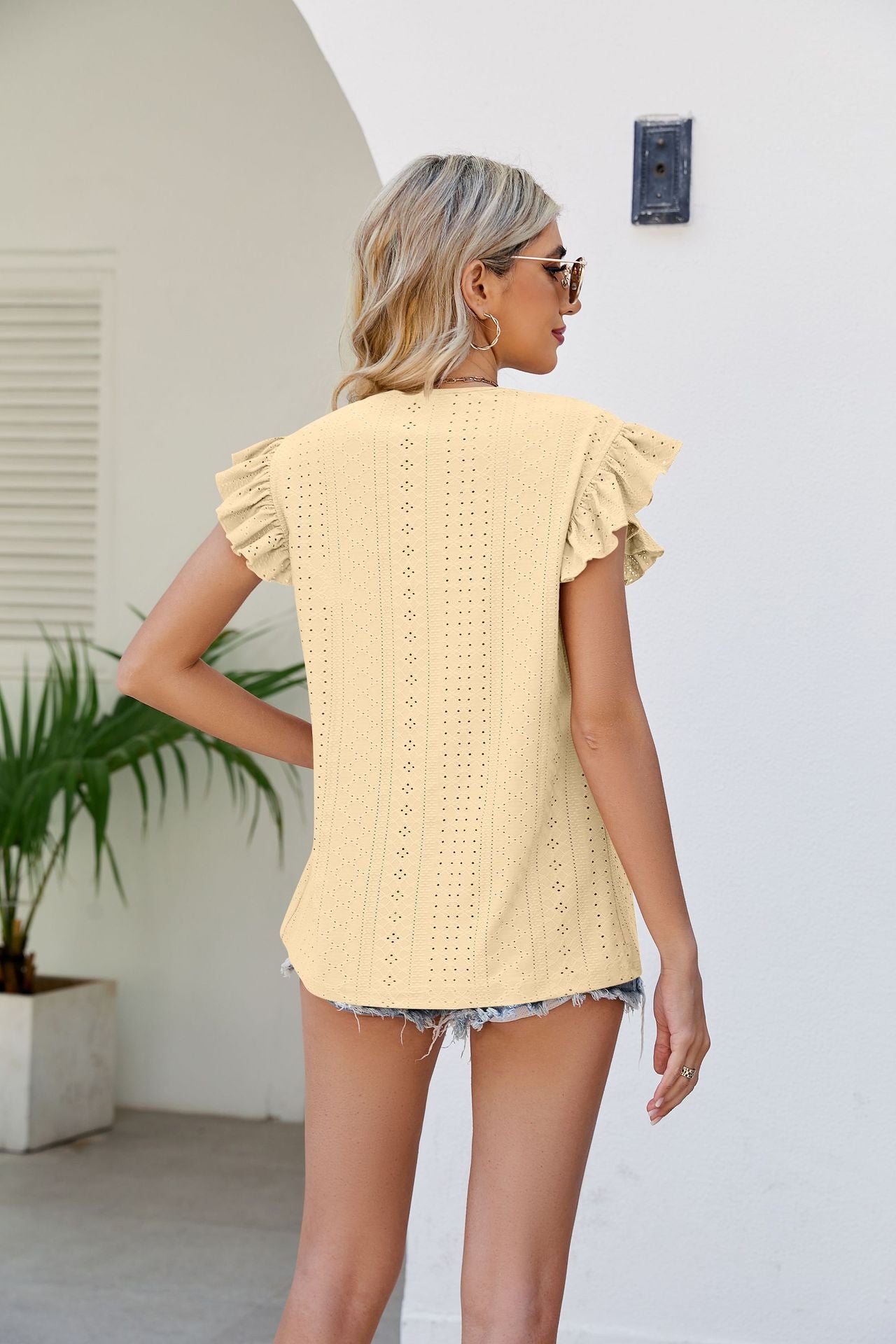 Smocked Round Neck Flutter Sleeve Top Shirts & Tops- Doll Fits