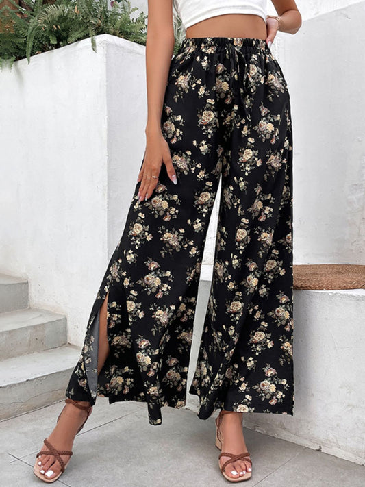Floral Side Slit Wide Leg Pants  Pants- Doll Fits