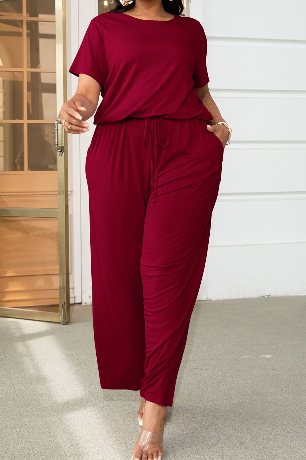 Plus Size Drawstring Waist Short Sleeve Jumpsuit Jumpsuits & Rompers- Doll Fits