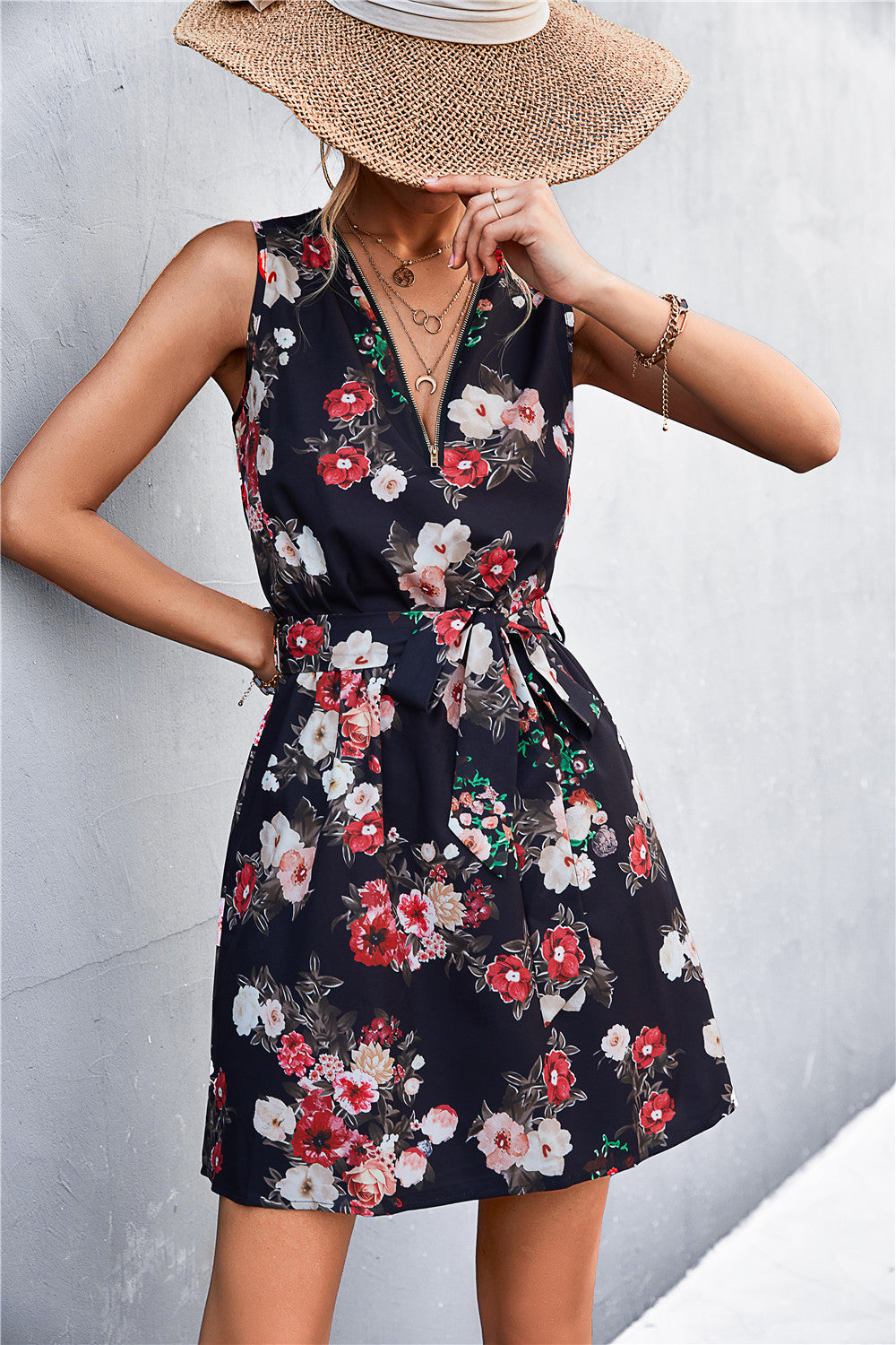 Printed Zip Detail Belted Sleeveless Dress Dresses- Doll Fits