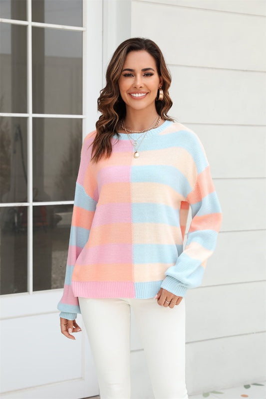 Round Neck Long Sleeve Color Block Dropped Shoulder Pullover Sweater  Shirts & Tops- Doll Fits