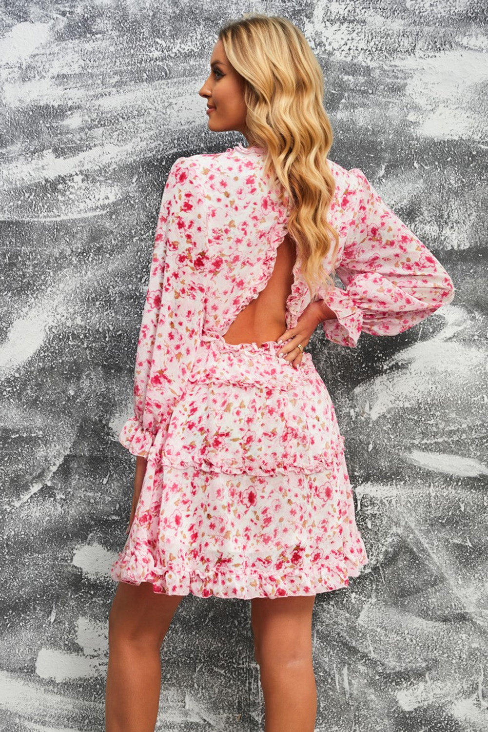 Floral Frill Trim Plunge Flounce Sleeve Dress Dresses- Doll Fits