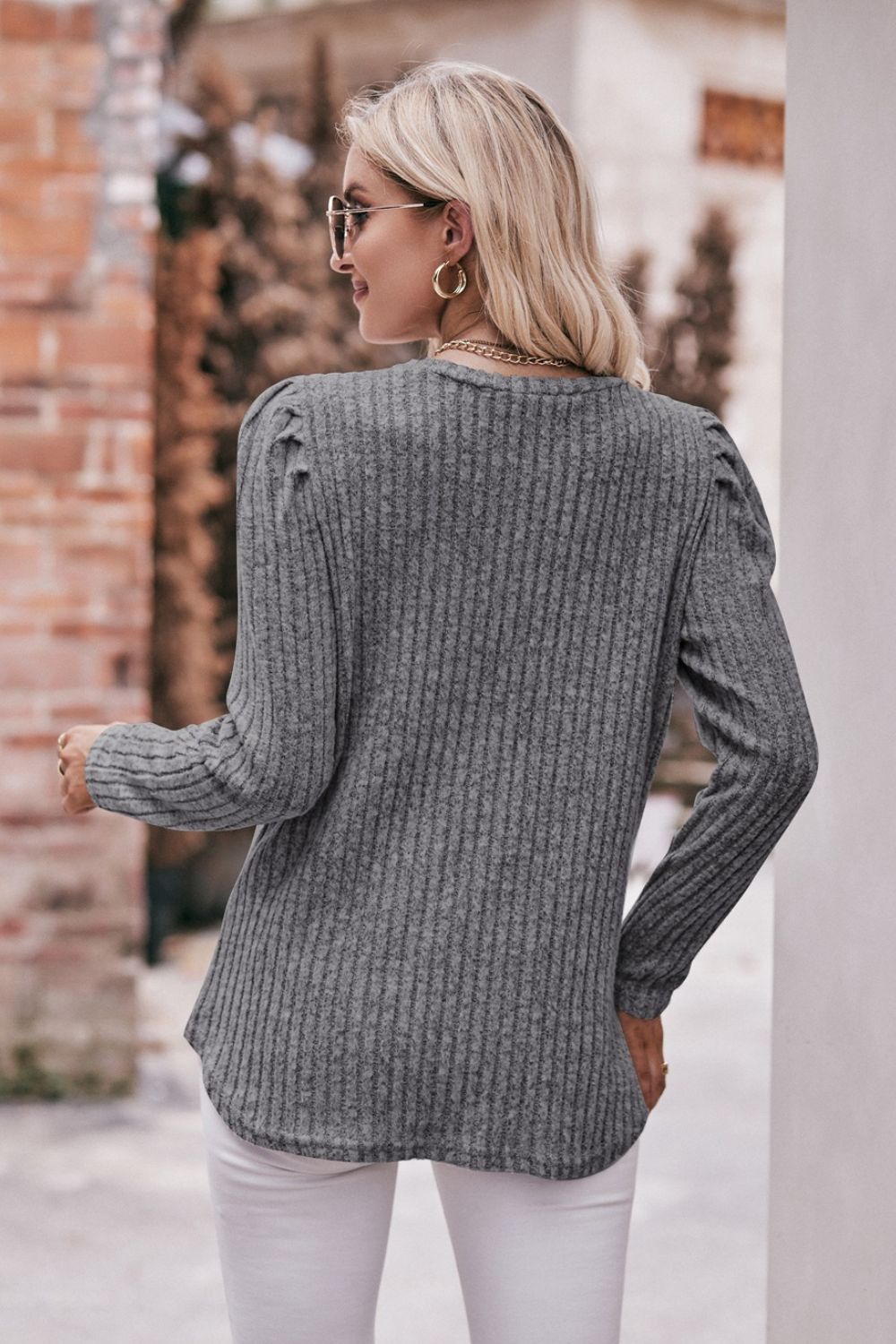 Round Neck Puff Sleeve Ribbed Top Shirts & Tops- Doll Fits