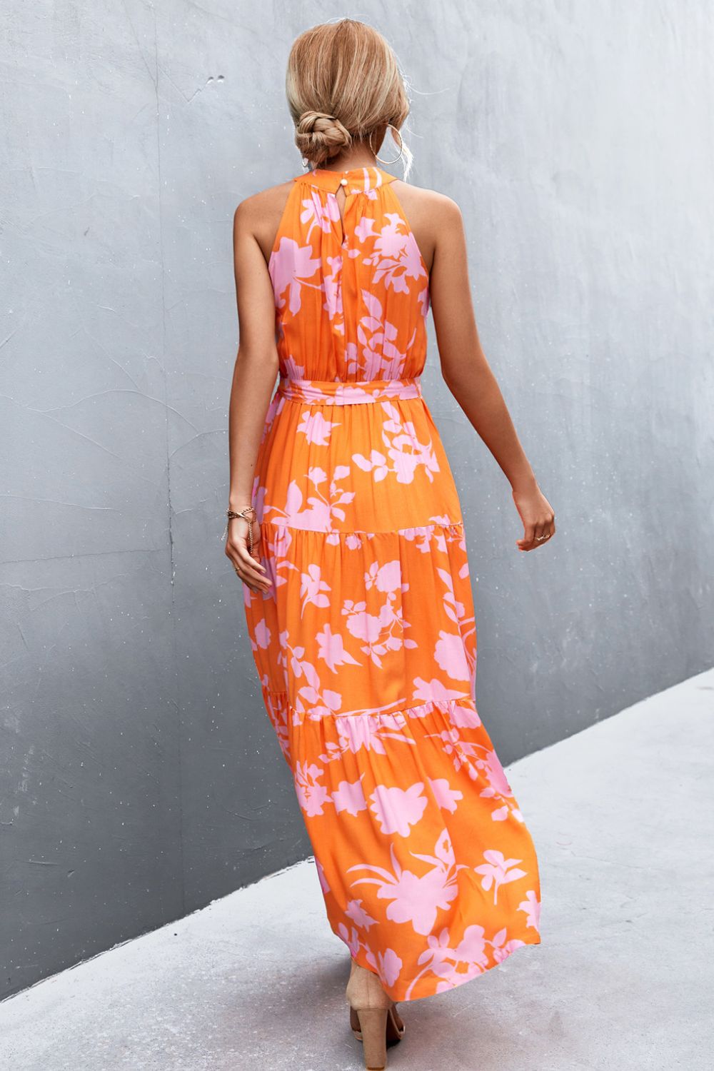 Printed Sleeveless Tie Waist Maxi Dress Dresses- Doll Fits