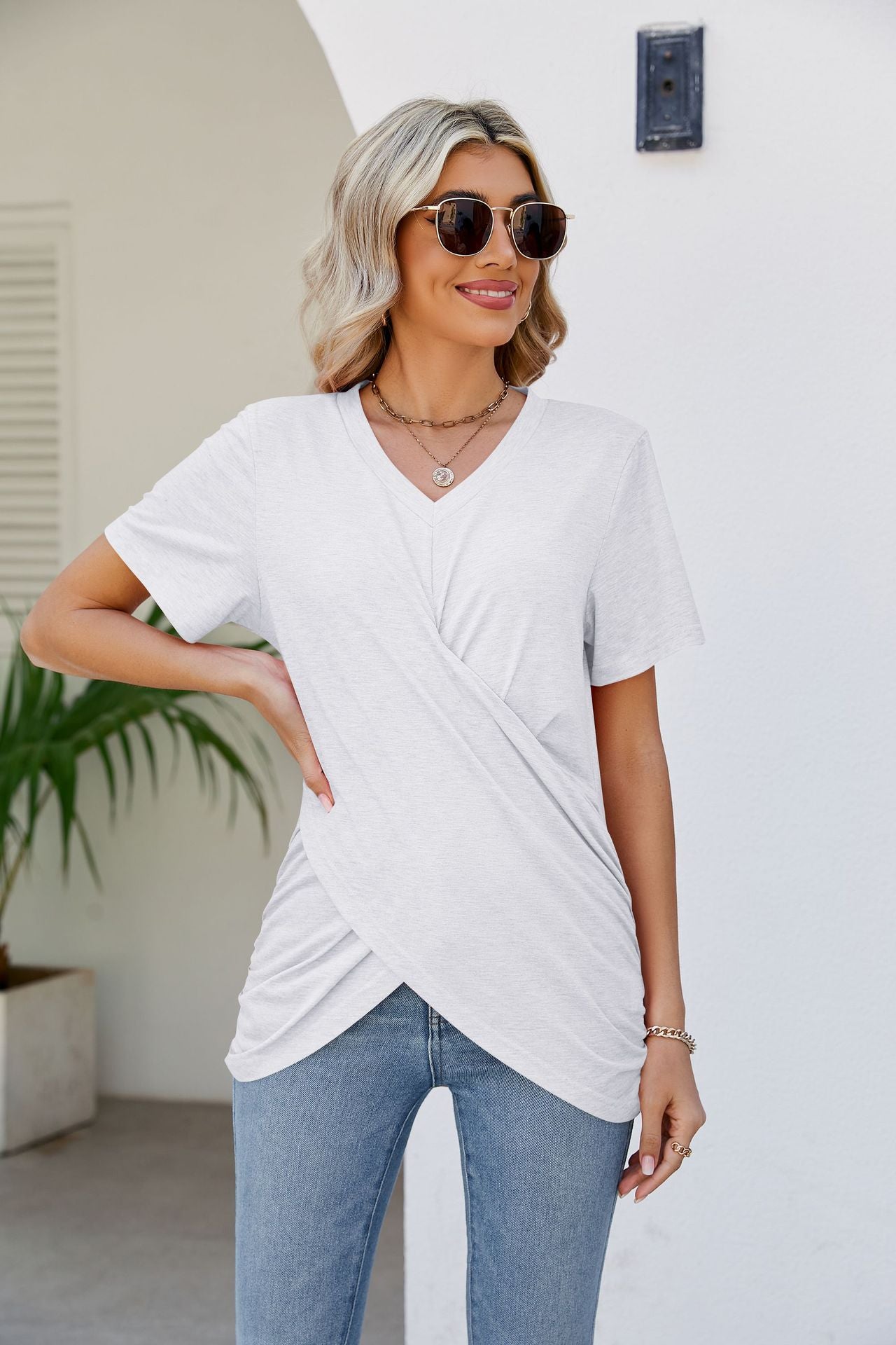 V-Neck Crisscross Short Sleeve Tee Shirts & Tops- Doll Fits