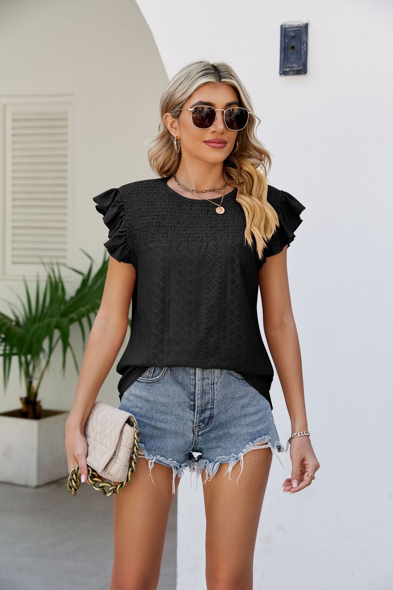 Smocked Round Neck Flutter Sleeve Top Shirts & Tops- Doll Fits