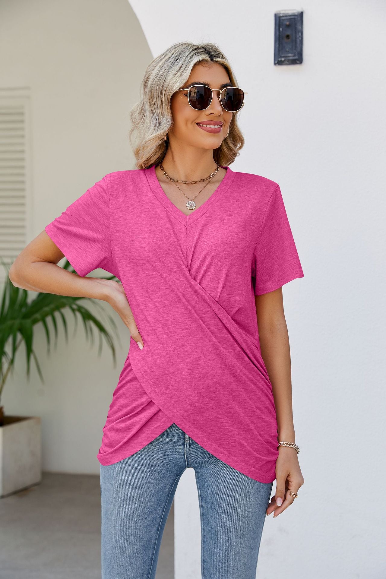 V-Neck Crisscross Short Sleeve Tee Shirts & Tops- Doll Fits