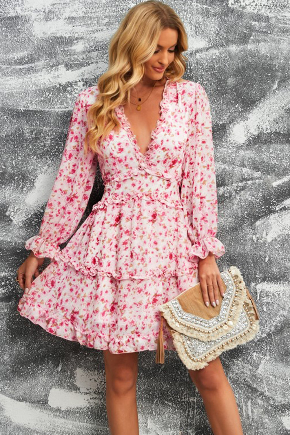 Floral Frill Trim Plunge Flounce Sleeve Dress Dresses- Doll Fits