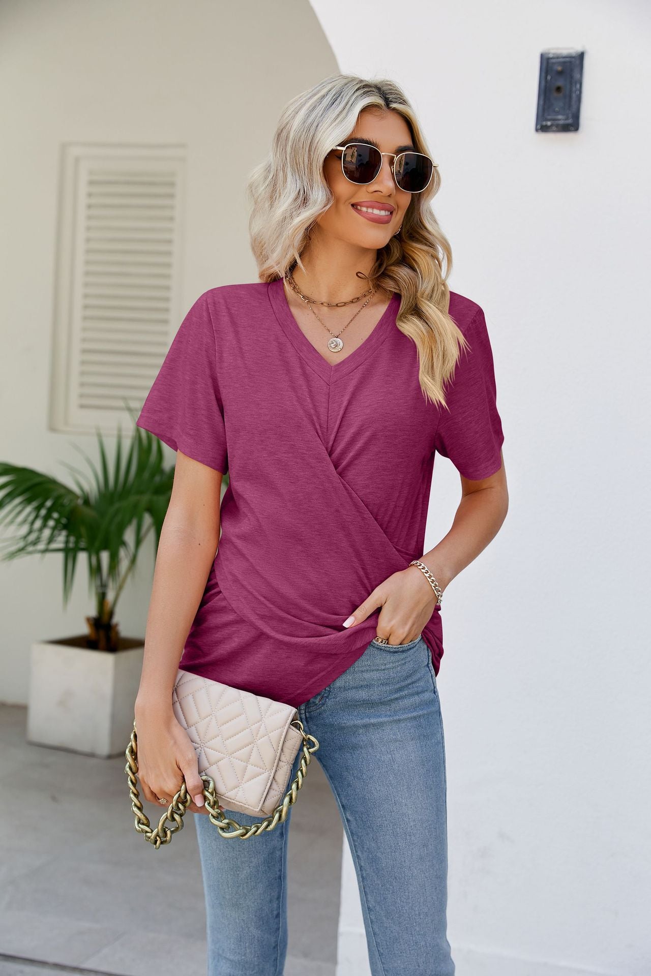 V-Neck Crisscross Short Sleeve Tee Shirts & Tops- Doll Fits