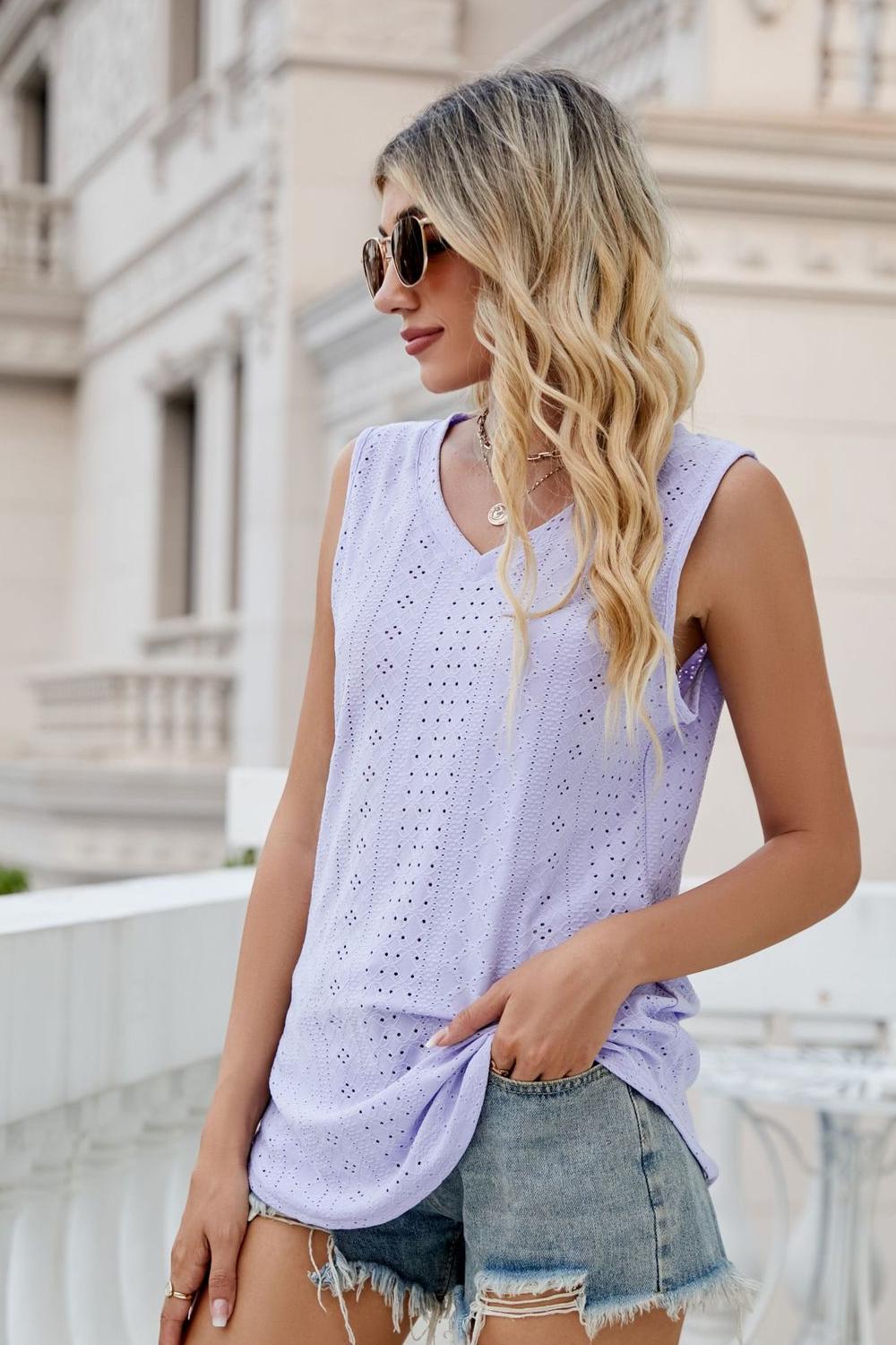 Eyelet V-Neck Tank Shirts & Tops- Doll Fits