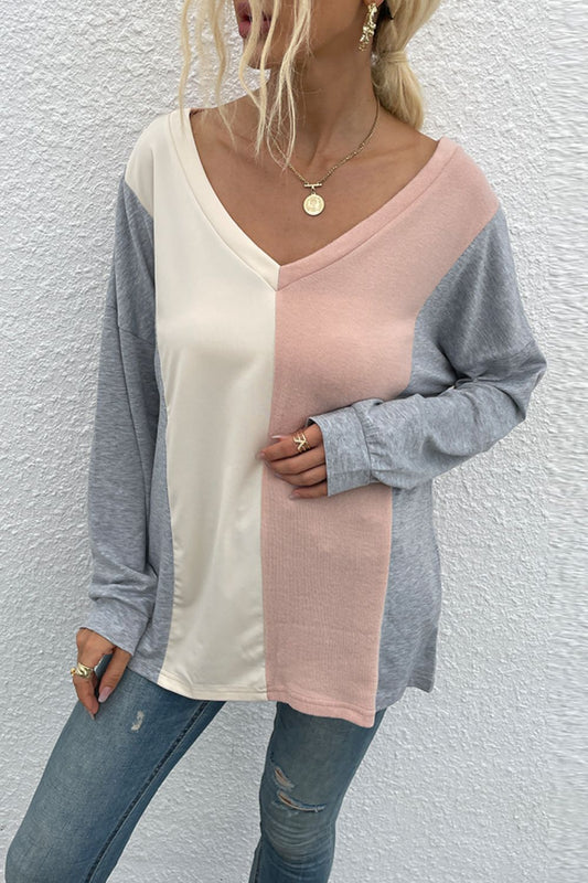 Color Block V-Neck Long Sleeve Blouse  Shirts & Tops- Doll Fits