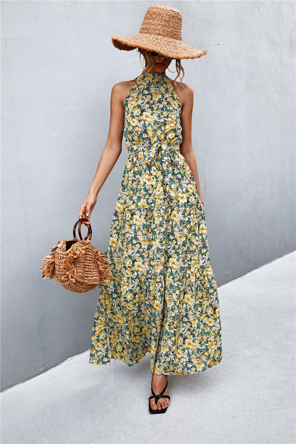 Printed Sleeveless Tie Waist Maxi Dress Dresses- Doll Fits