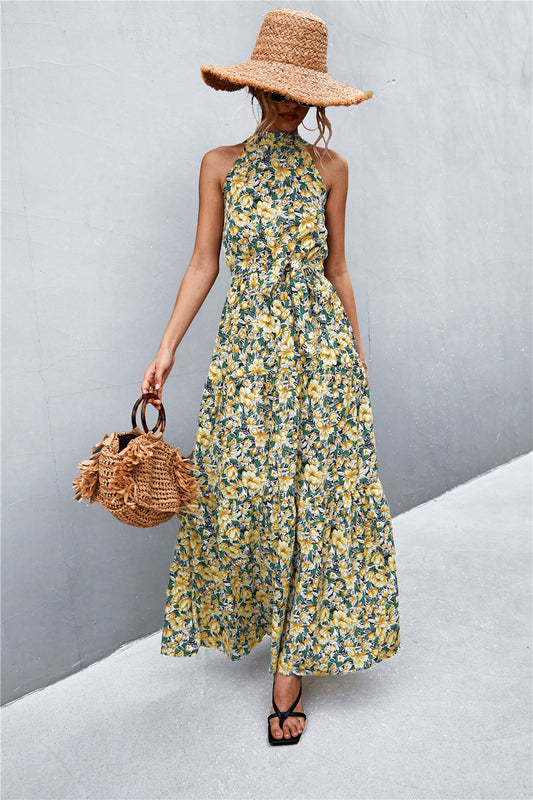Printed Sleeveless Tie Waist Maxi Dress  Dresses- Doll Fits