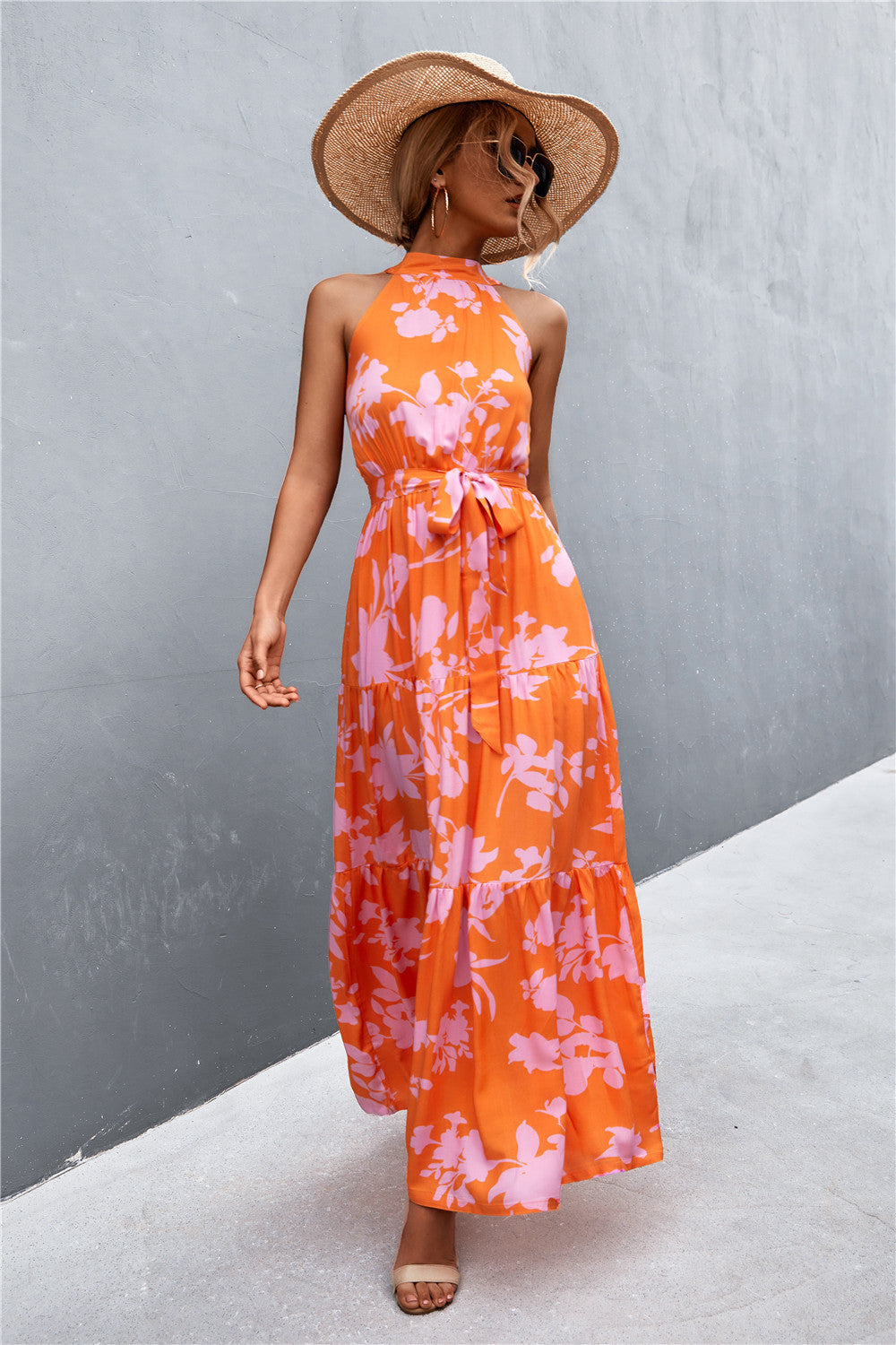 Printed Sleeveless Tie Waist Maxi Dress Dresses- Doll Fits