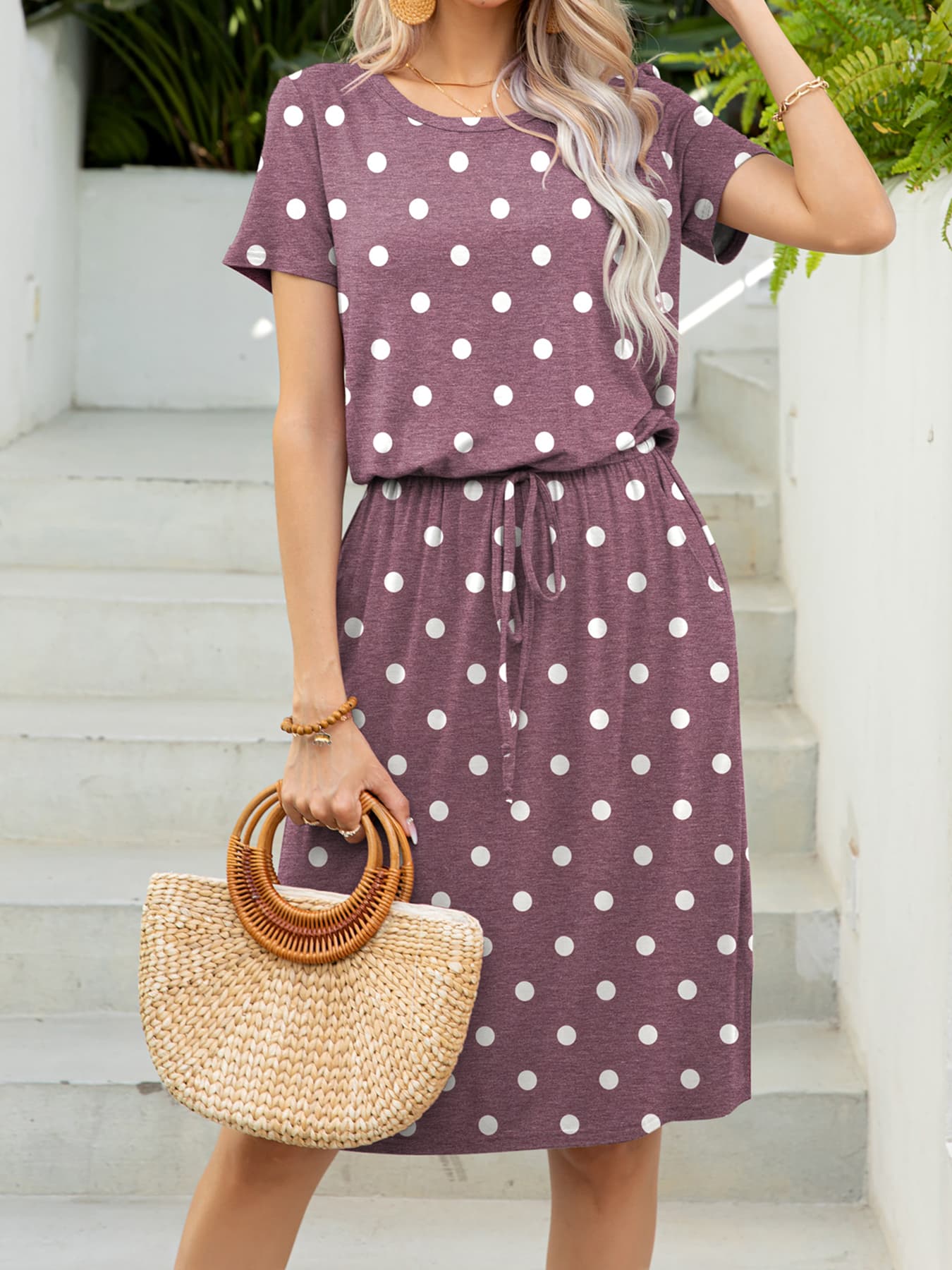 Round Neck Short Sleeve Slit Dress with Pockets Dresses- Doll Fits