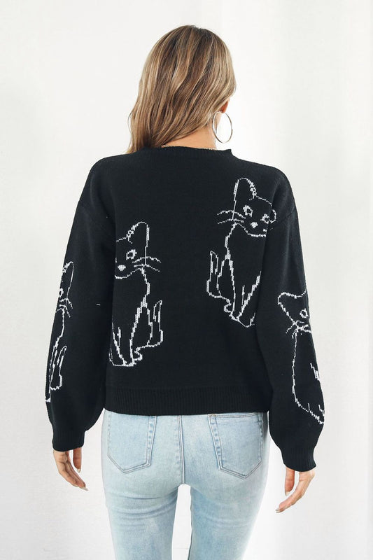 Cat Pattern Round Neck Long Sleeve Pullover Sweater  - Doll Fits