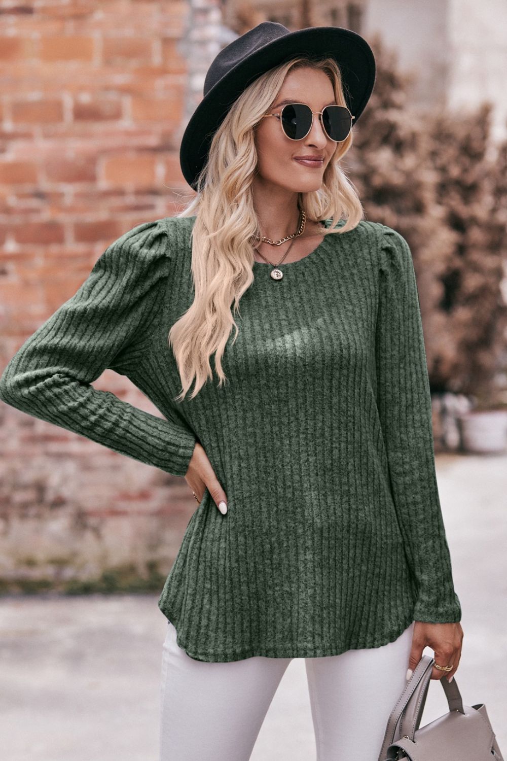 Round Neck Puff Sleeve Ribbed Top Shirts & Tops- Doll Fits