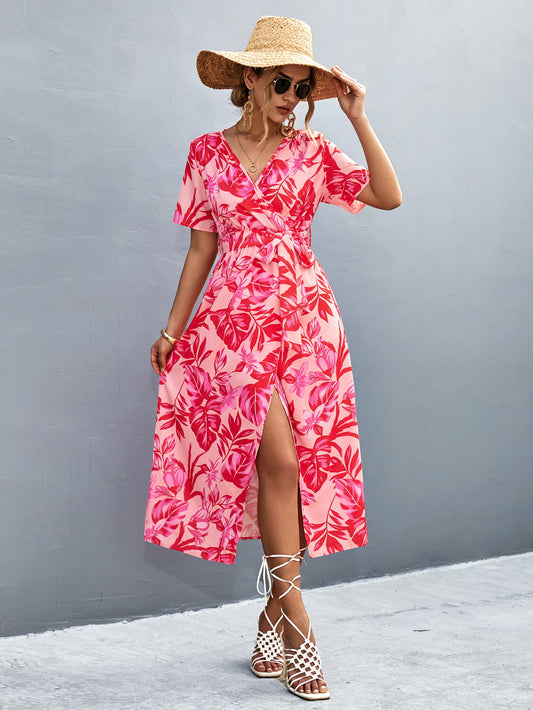 Floral Print High Slit Surplice Neck Tie Waist Midi Dress  Dresses- Doll Fits