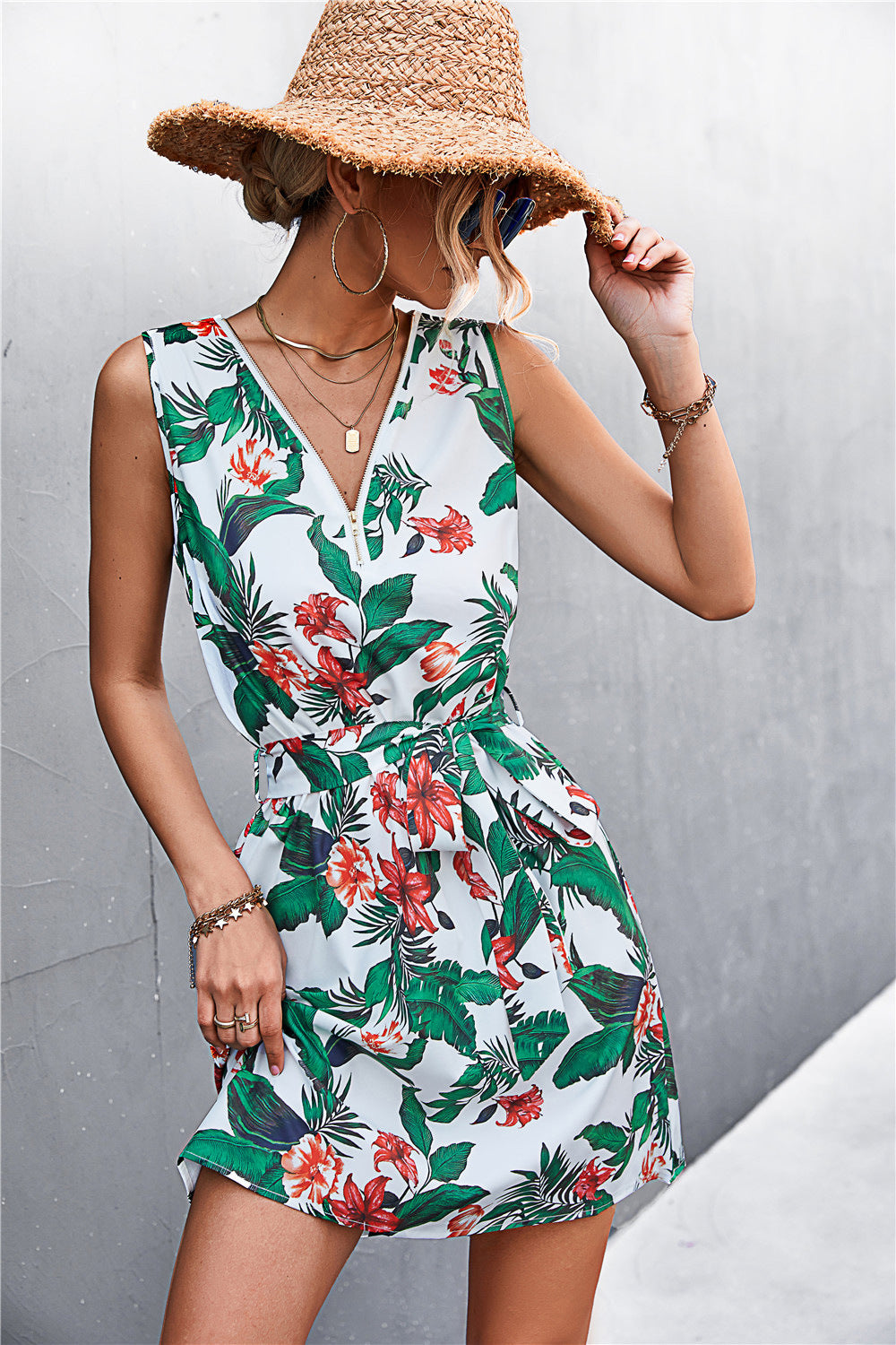 Printed Zip Detail Belted Sleeveless Dress Dresses- Doll Fits