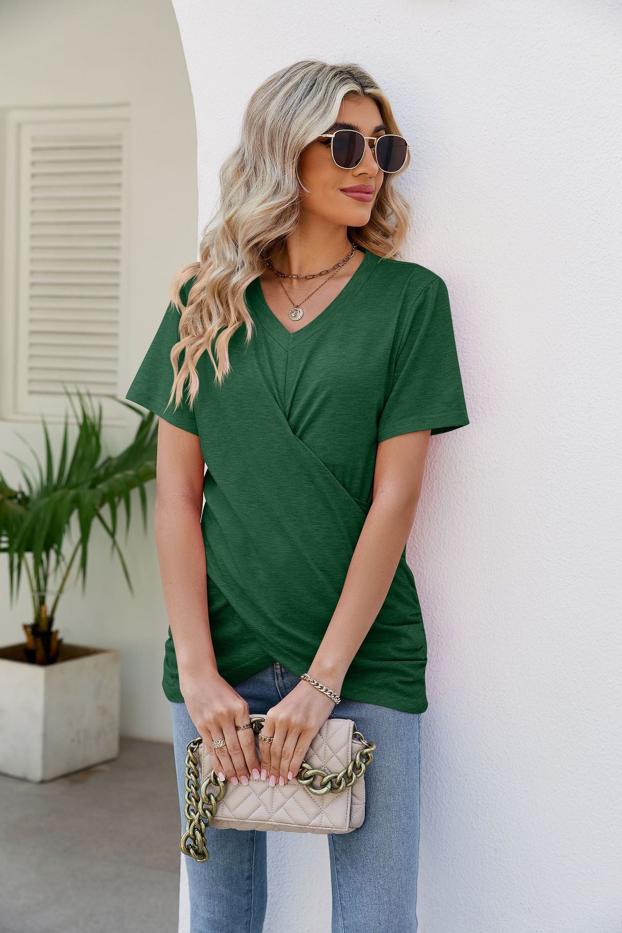 V-Neck Crisscross Short Sleeve Tee Shirts & Tops- Doll Fits