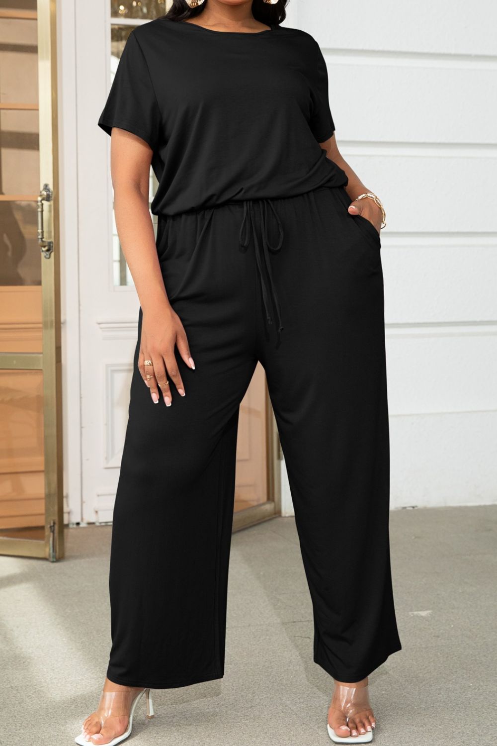 Plus Size Drawstring Waist Short Sleeve Jumpsuit Jumpsuits & Rompers- Doll Fits