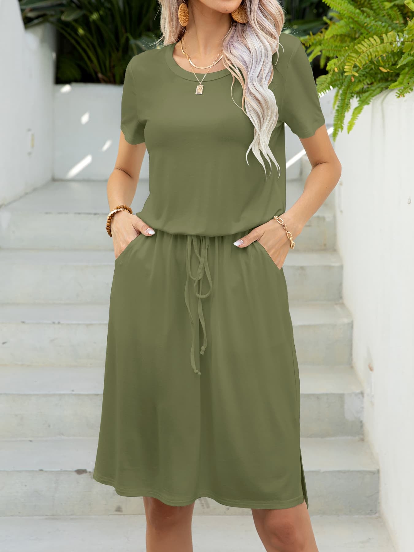 Round Neck Short Sleeve Slit Dress with Pockets Dresses- Doll Fits