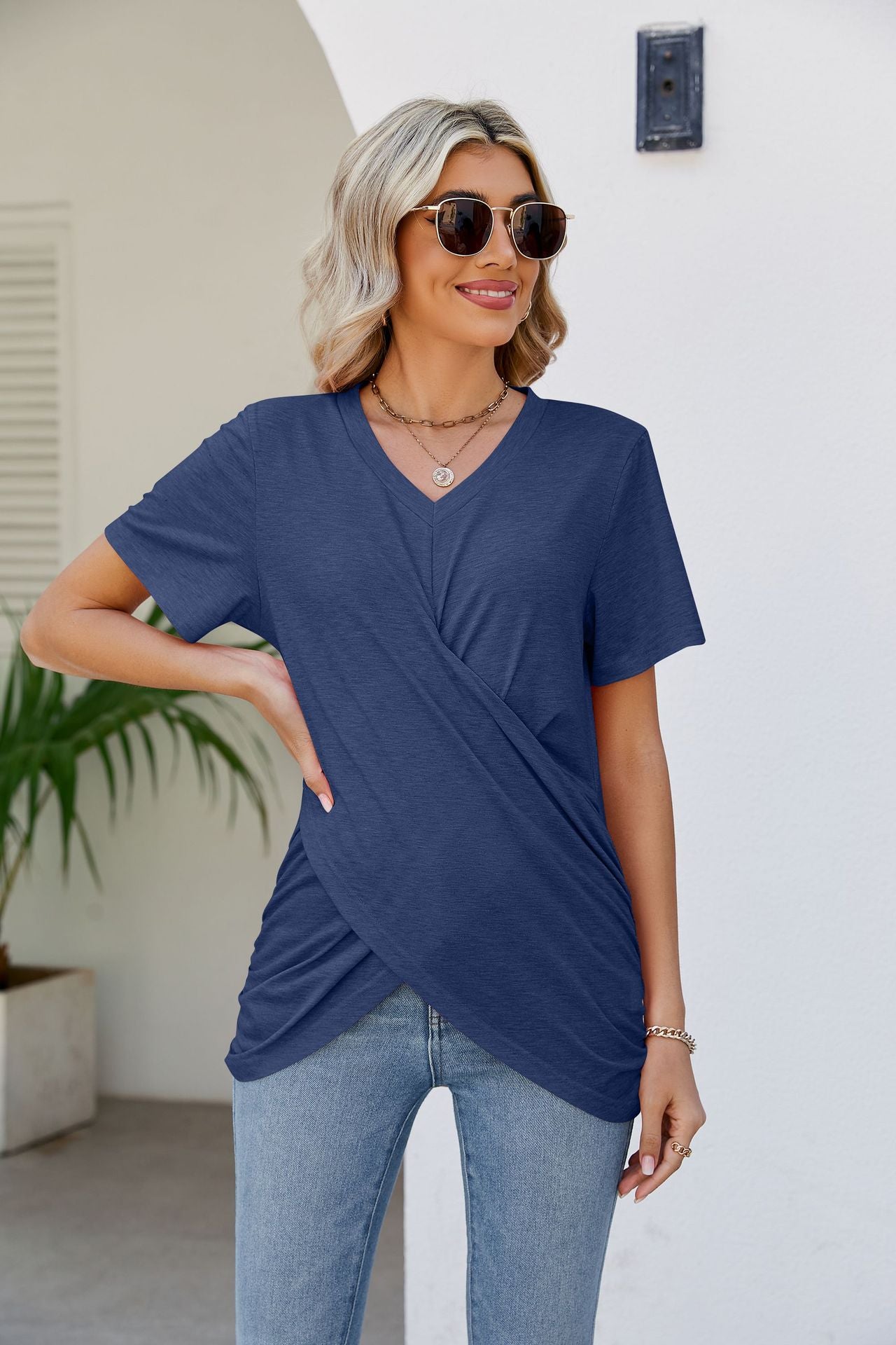 V-Neck Crisscross Short Sleeve Tee Shirts & Tops- Doll Fits