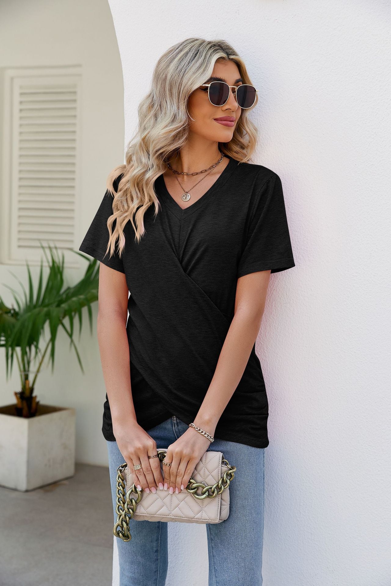 V-Neck Crisscross Short Sleeve Tee Shirts & Tops- Doll Fits
