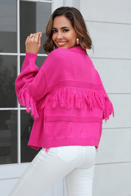 Double Take Fringe Trim Open Front Cardigan  - Doll Fits