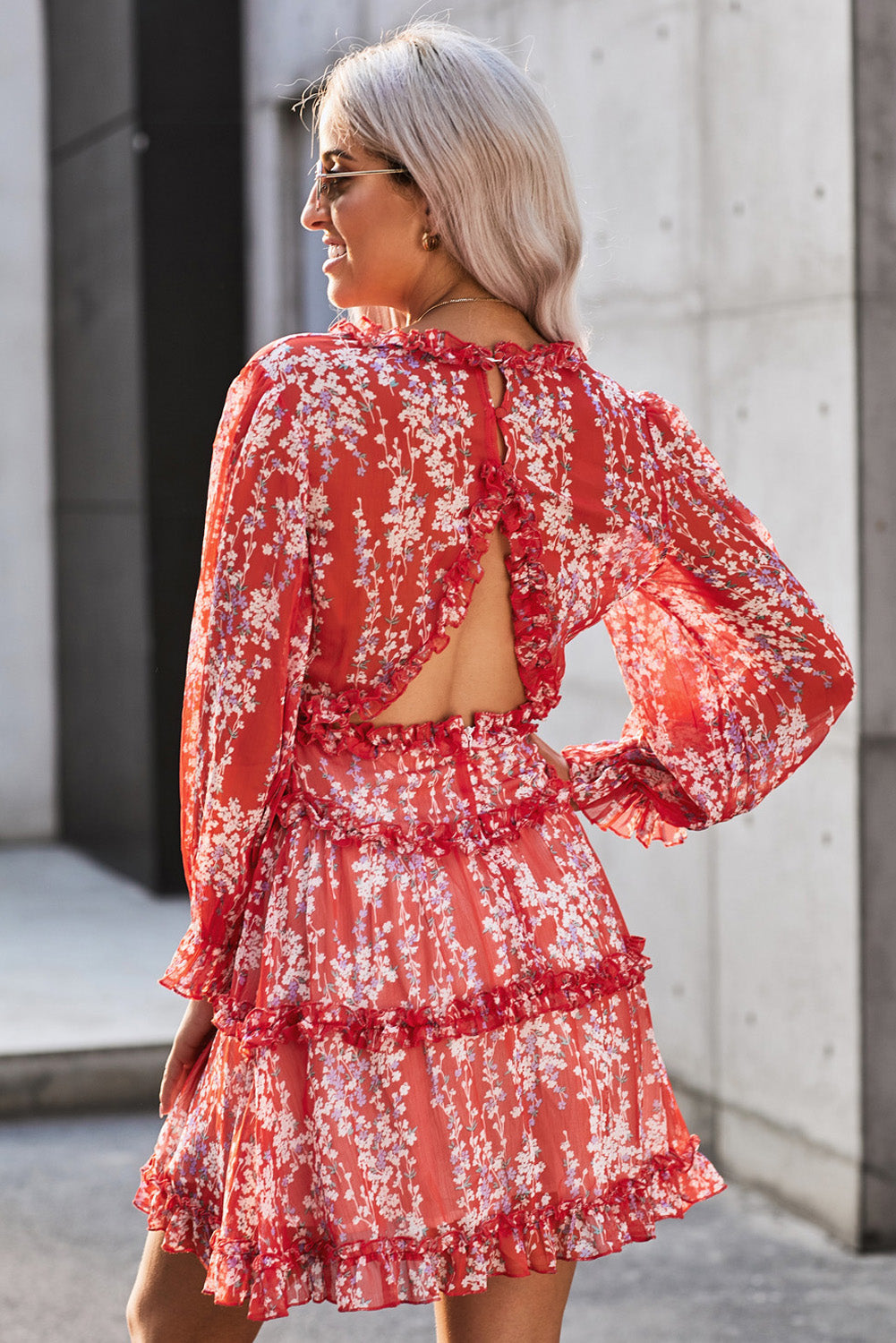 Floral Frill Trim Plunge Flounce Sleeve Dress Dresses- Doll Fits