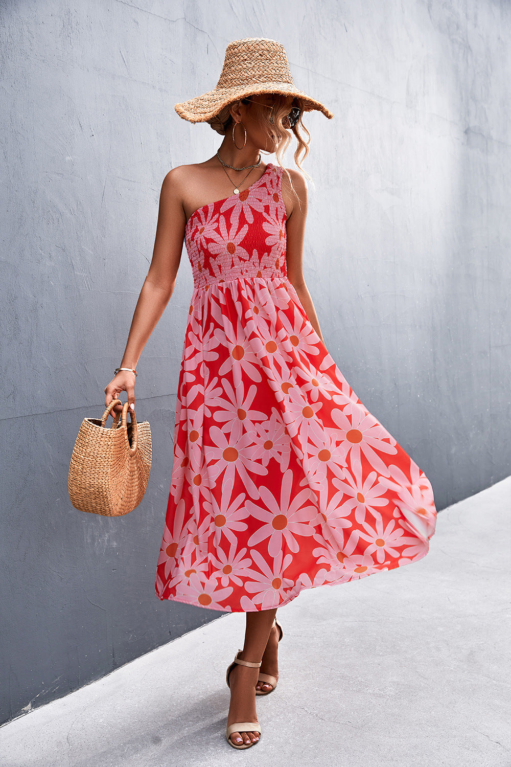 Floral Smocked One-Shoulder Midi Dress Dresses- Doll Fits
