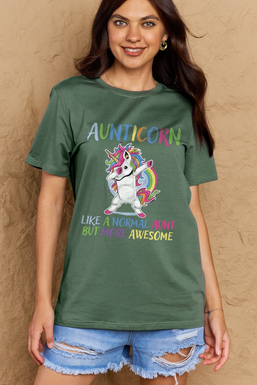 Simply Love Full Size AUNTICORN LIKE A NORMAL AUNT BUT MORE AWESOME Graphic Cotton Tee - Doll Fits