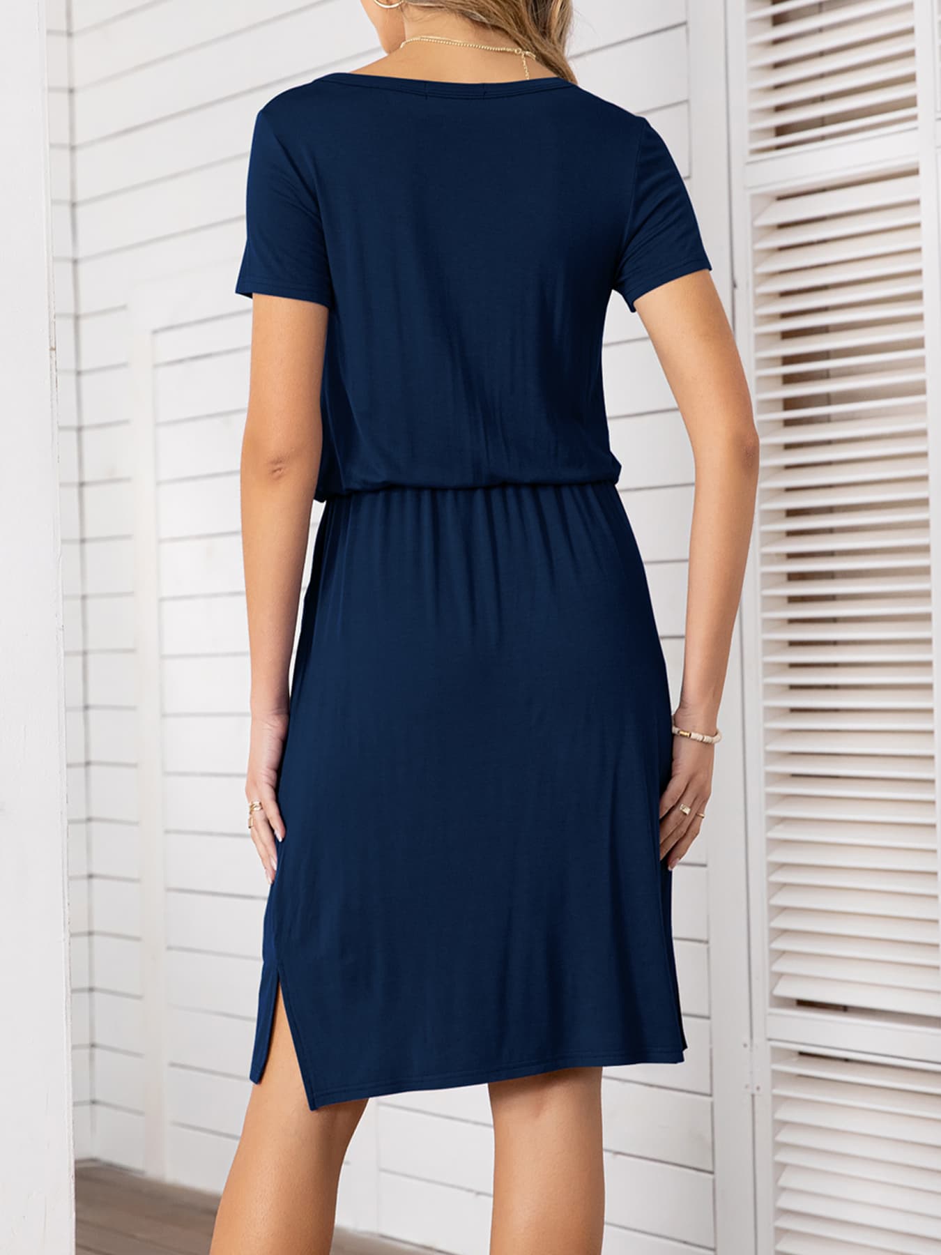 Round Neck Short Sleeve Slit Dress with Pockets Dresses- Doll Fits
