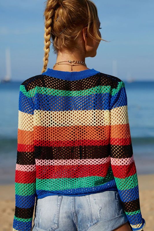 Rainbow Stripe Openwork Long Sleeve Cover-Up  Swimwear- Doll Fits