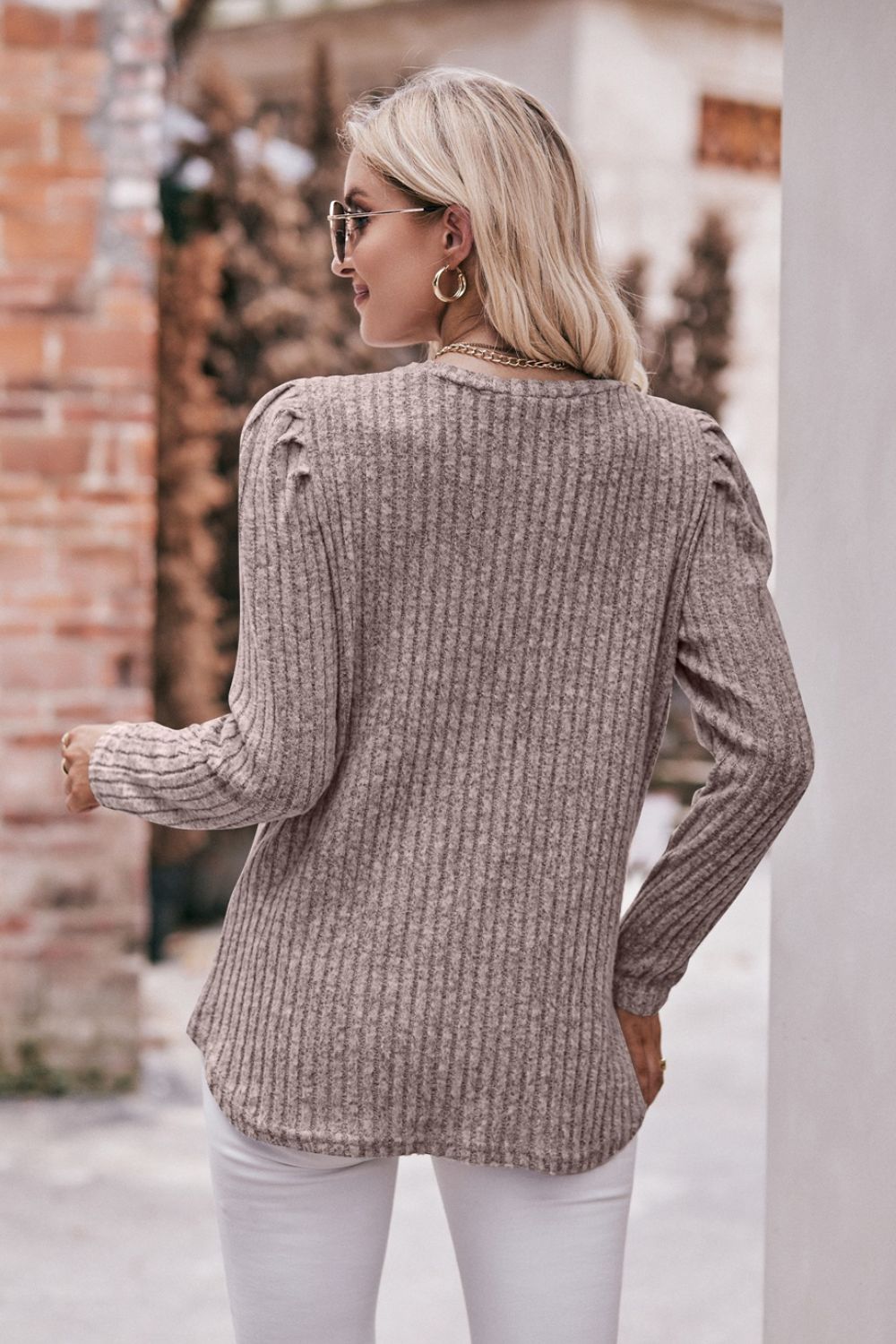 Round Neck Puff Sleeve Ribbed Top Shirts & Tops- Doll Fits
