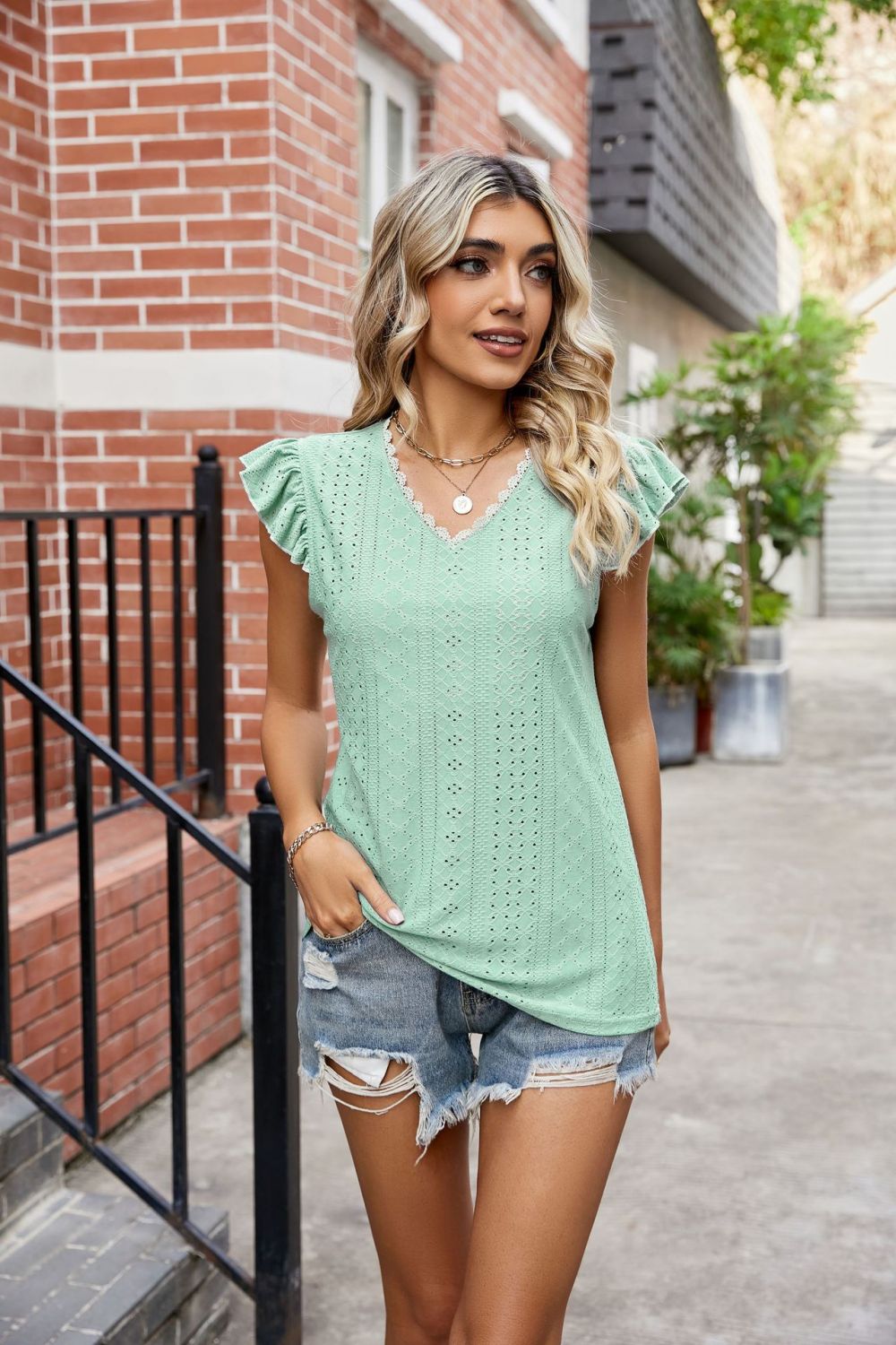 Eyelet Flutter Sleeve Scalloped V-Neck Top Shirts & Tops- Doll Fits