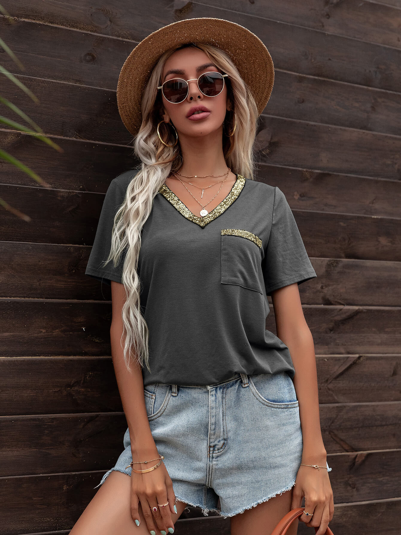 Glitter V-Neck Short Sleeve Tee Shirt Shirts & Tops- Doll Fits