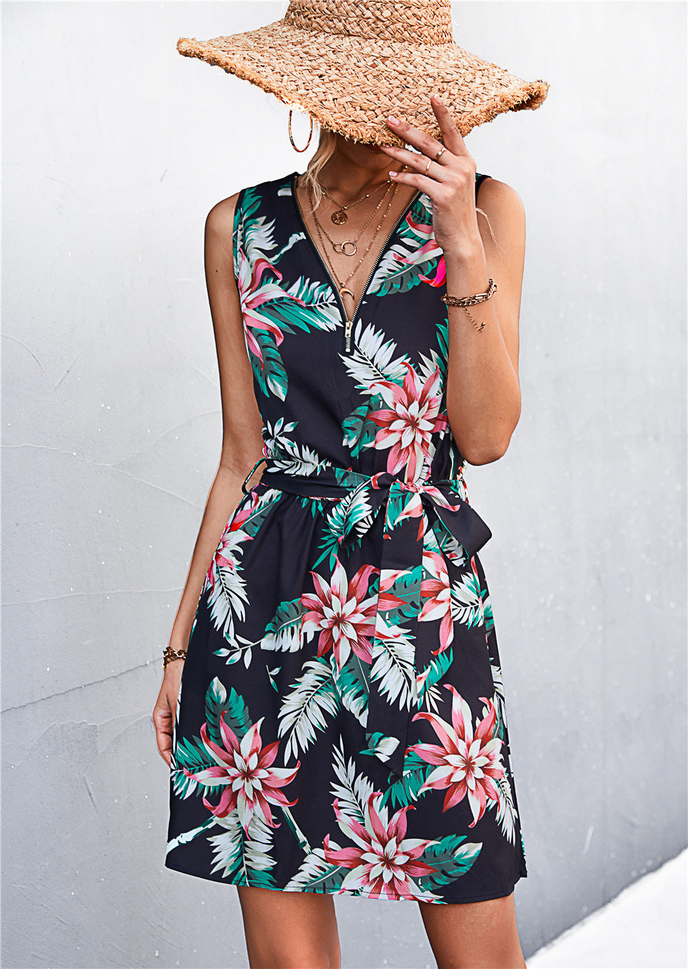 Printed Zip Detail Belted Sleeveless Dress Dresses- Doll Fits