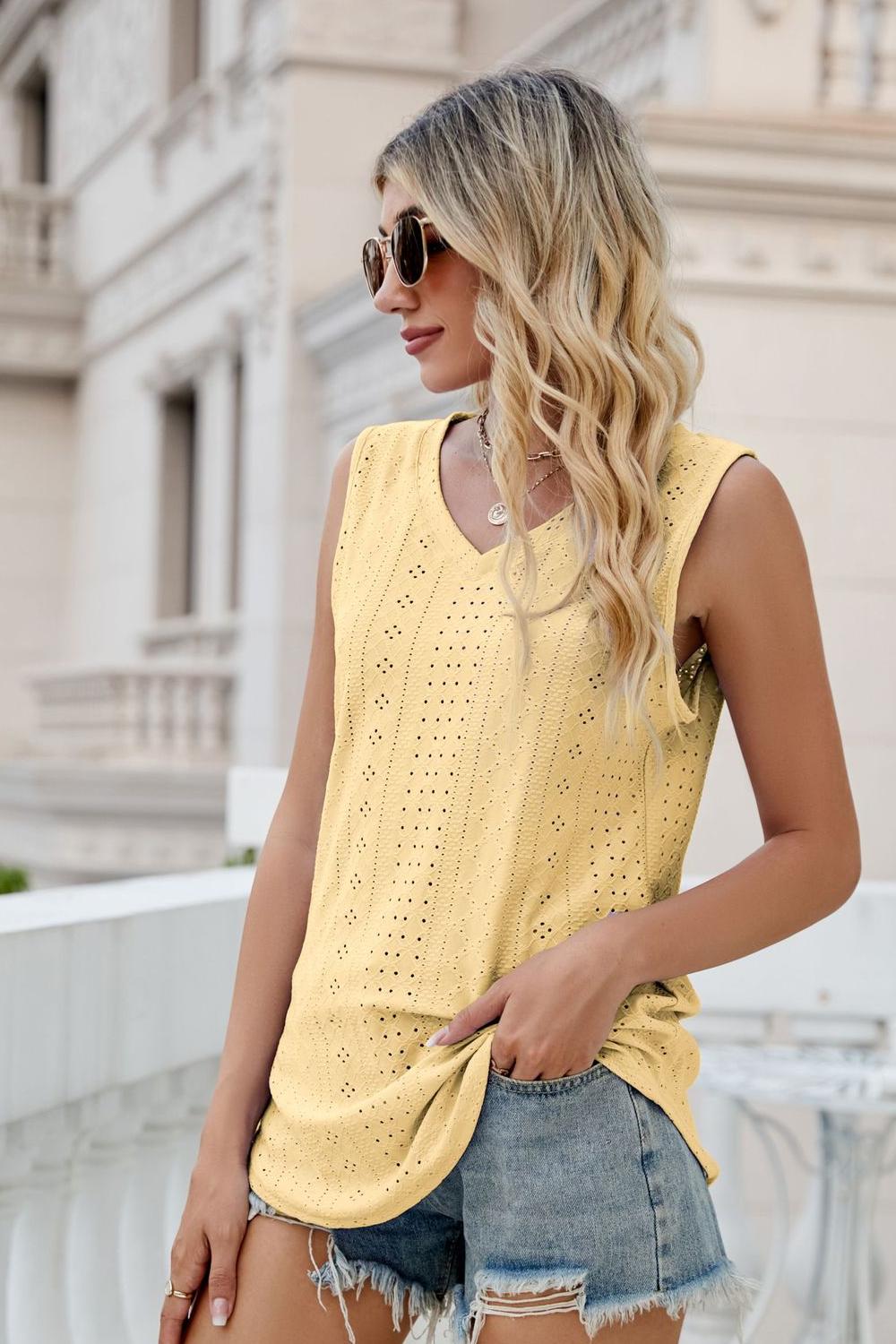 Eyelet V-Neck Tank Shirts & Tops- Doll Fits