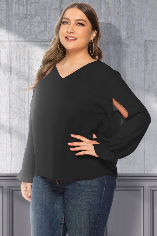 Plus Size Cutout Flounce Sleeve Blouse  Shirts & Tops- Doll Fits