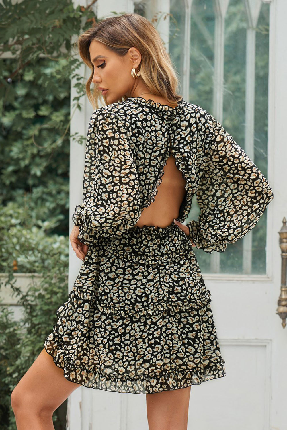 Floral Frill Trim Plunge Flounce Sleeve Dress Dresses- Doll Fits