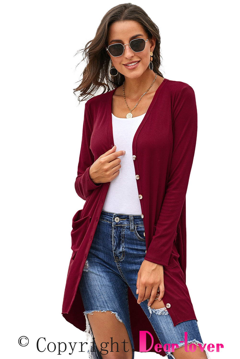 V-Neck Long Sleeve Cardigan with Pocket - Doll Fits
