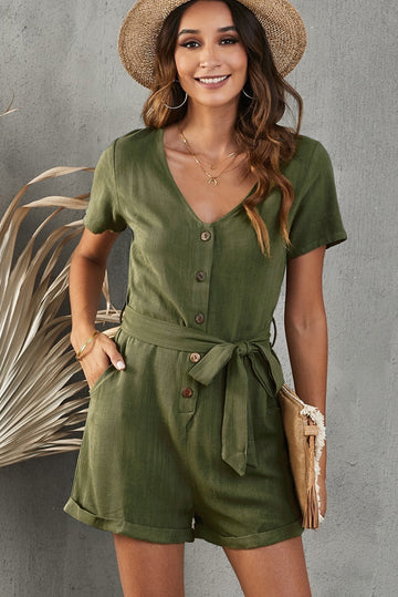 V-Neck Short Sleeve Tie Belt Romper with Pockets  Jumpsuits & Rompers- Doll Fits