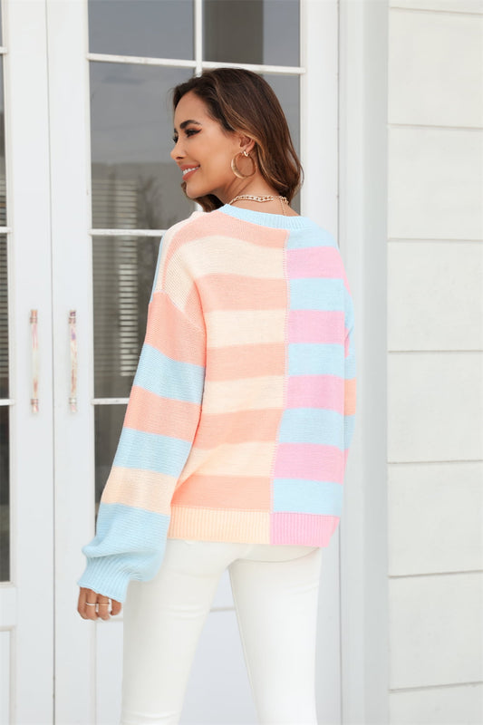 Round Neck Long Sleeve Color Block Dropped Shoulder Pullover Sweater  Shirts & Tops- Doll Fits