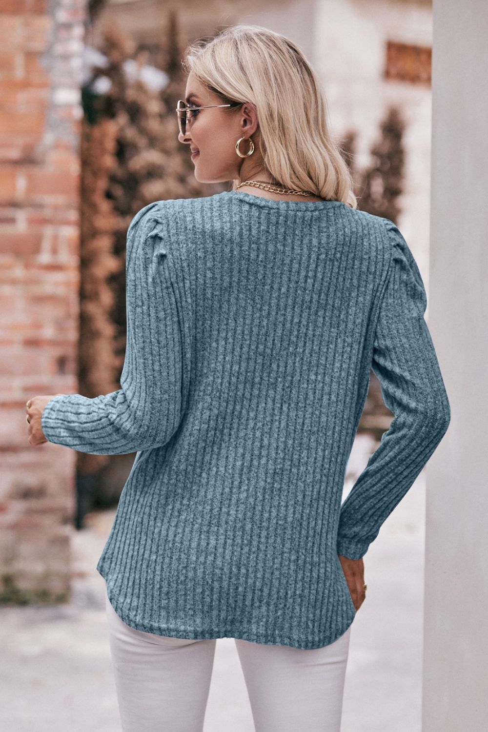 Round Neck Puff Sleeve Ribbed Top Shirts & Tops- Doll Fits