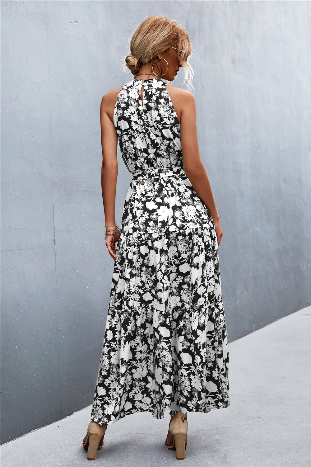 Printed Sleeveless Tie Waist Maxi Dress Dresses- Doll Fits