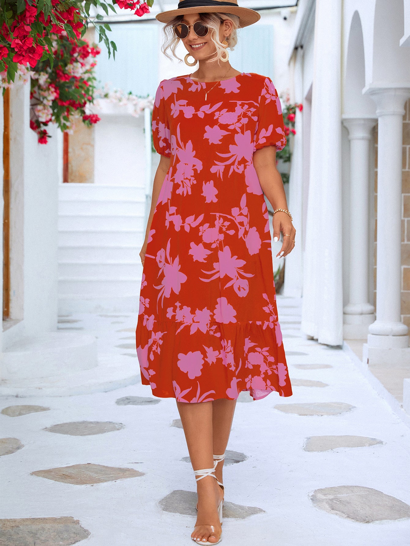 Floral Puff Sleeve Ruffle Hem Midi Dress  Dresses- Doll Fits