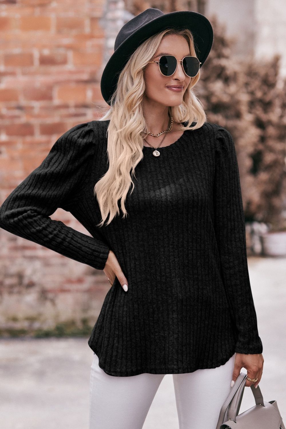 Round Neck Puff Sleeve Ribbed Top Shirts & Tops- Doll Fits