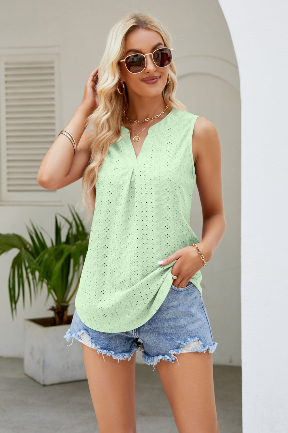 Notched Neck Curved Hem Eyelet Tank Shirts & Tops- Doll Fits